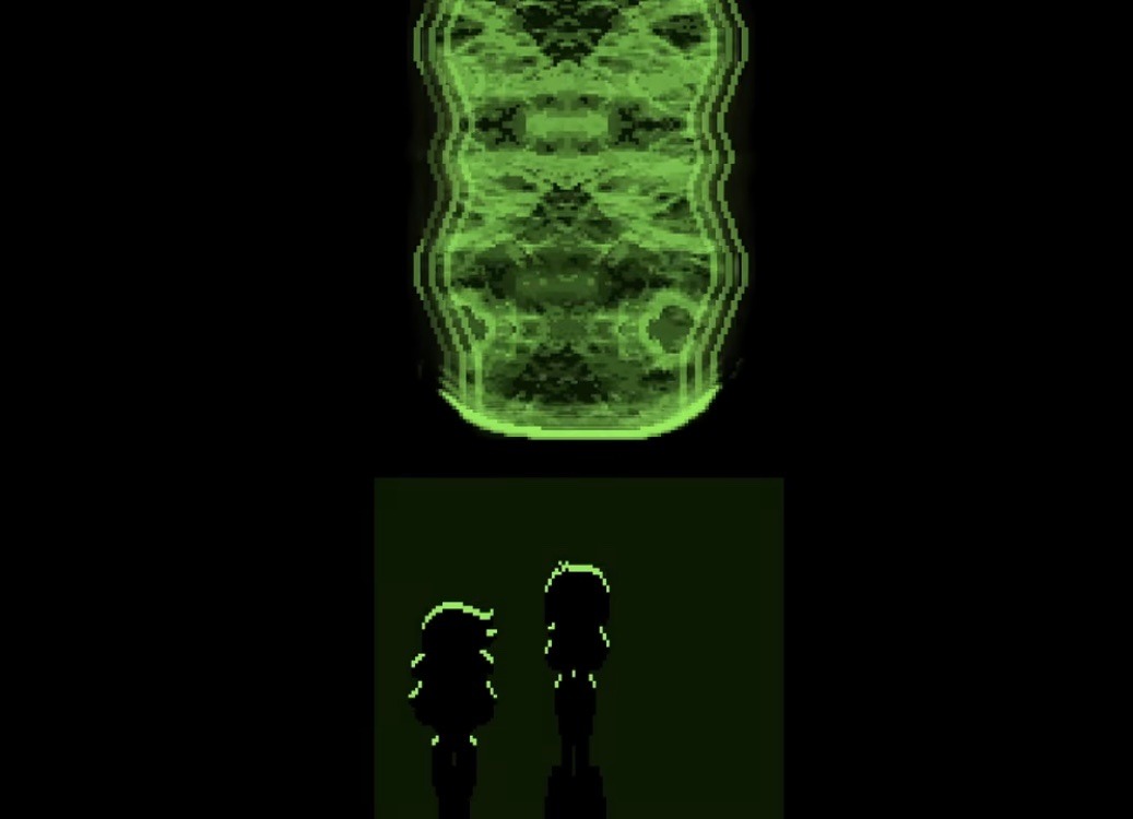 A screenshot from Deltarune. Kris and Susie are in a dark room standing before the Dark Fountain, a geyser with a complex graphical pattern that glows an ethereal green.