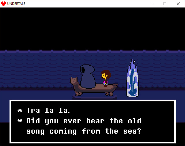 A screenshot from Undertale. Frisk is riding the River Person’s boat through Waterfall as the River Person says “Tra la la. Did you ever hear the old song coming from the sea?”